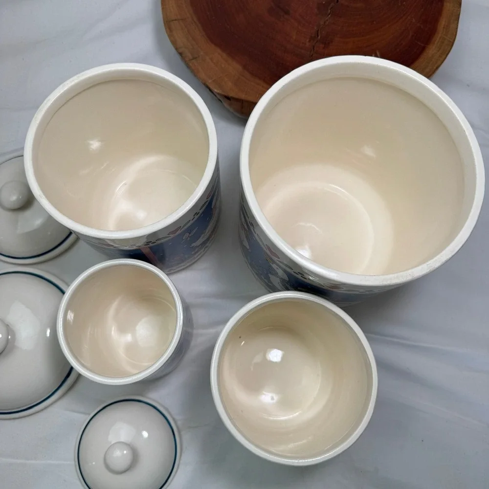 Vintage Country Goose Ceramic Canister Set 4 Piece Blue Pink Hearts 80s Kitchen
